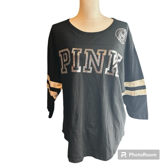 Victoria's Secret PINK Black Crew Neck 3/4 Sleeves Bling Sequin Logo T-Shirt Med - Picture 11 of 14